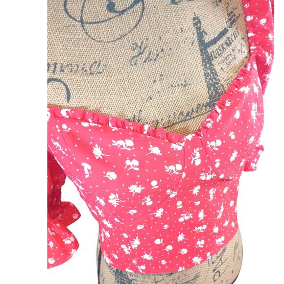 DIVIDEND by H&M Red White Floral Crop Top Blouse Puff Ruffle Sleeve Medium - Picture 2 of 8